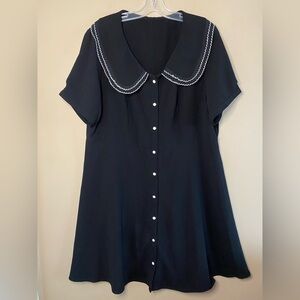 Chanelesque Pearl Buttons Chiffon Trim Collar Black Short Sleeve Dress Plus Size